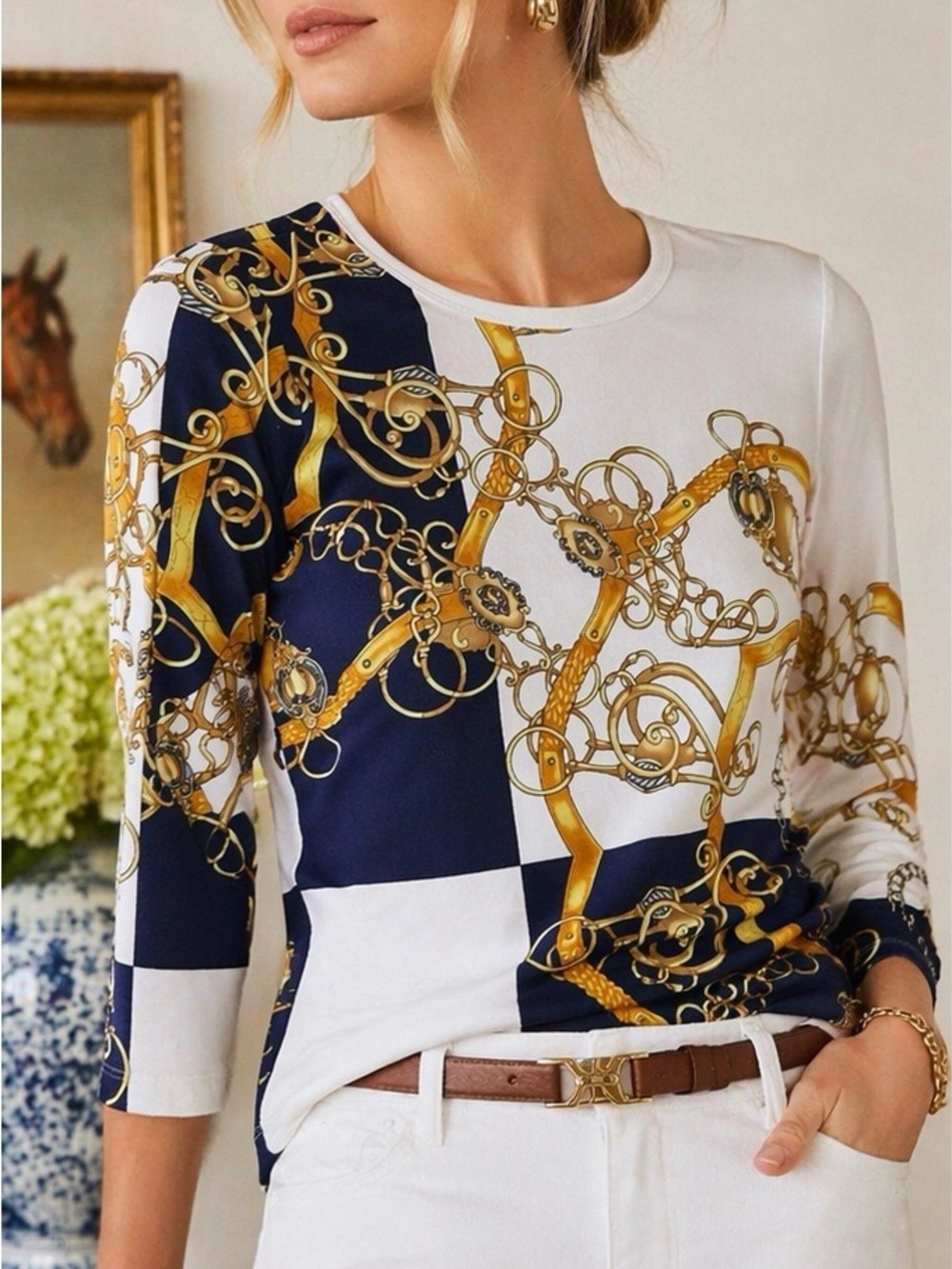 J McLaughlin Catalina Cloth Equestrian Chain Print Navy Gold XS Quiet Luxury
